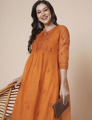 Women muga cotton flared chikankari embroidered kurta 1