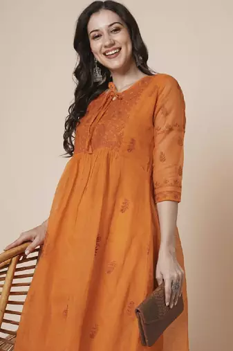 Women muga cotton flared chikankari embroidered kurta