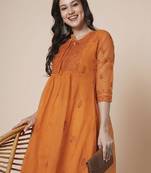 Women muga cotton flared chikankari embroidered kurta