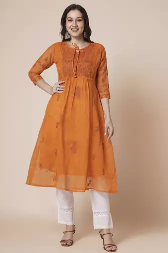 Women muga cotton flared chikankari embroidered kurta