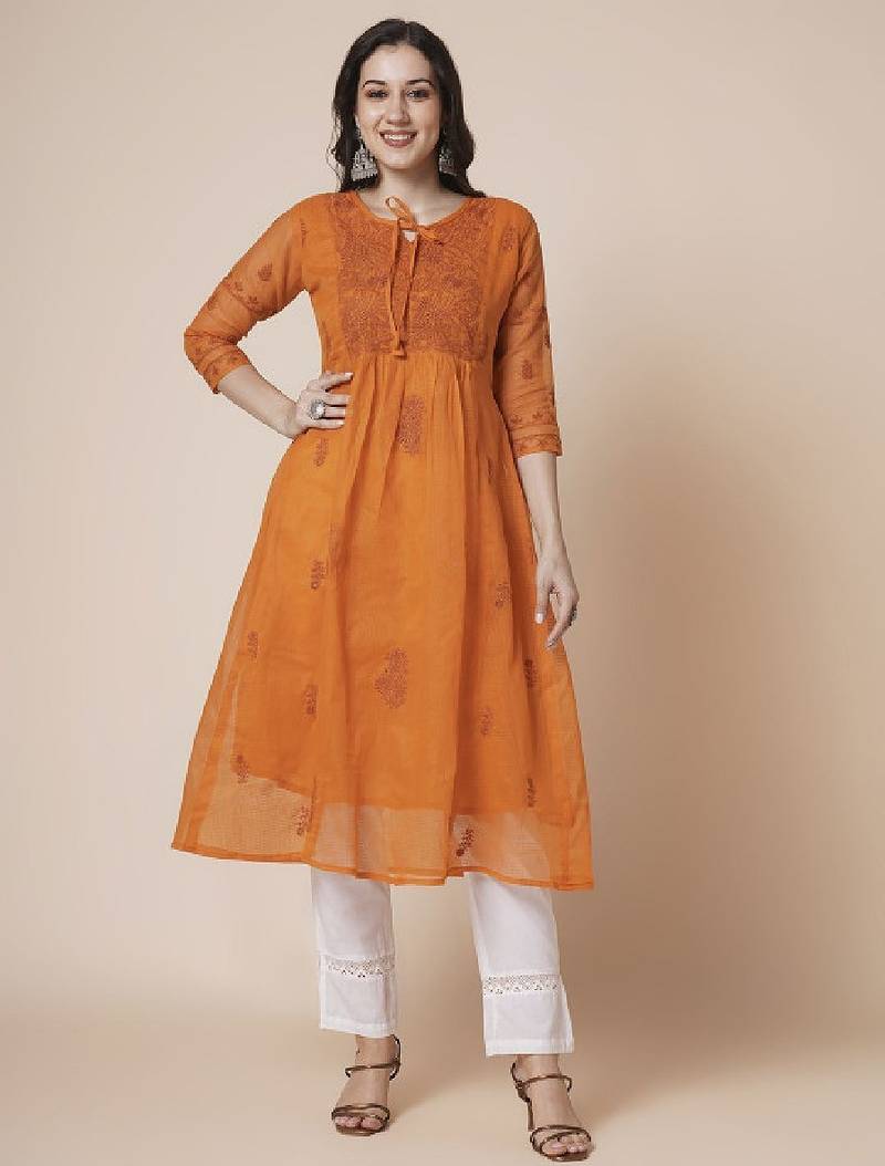 Women muga cotton flared chikankari embroidered kurta