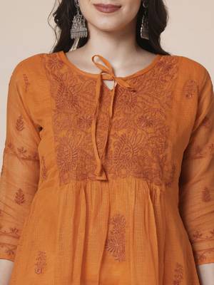 Women muga cotton flared chikankari embroidered kurta 3