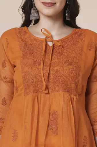 Women muga cotton flared chikankari embroidered kurta