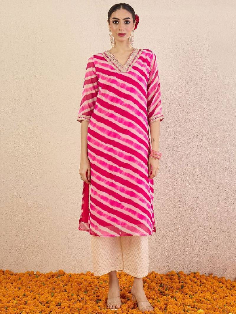 Women leheriya printed mirror work kurta