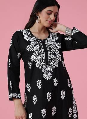 Women black cotton chikankari embroidered kurta 1