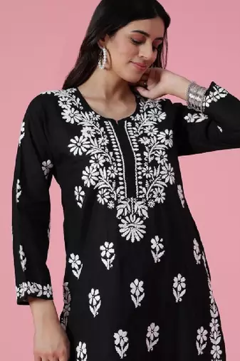 Women black cotton chikankari embroidered kurta