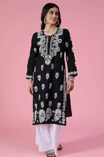 Women black cotton chikankari embroidered kurta
