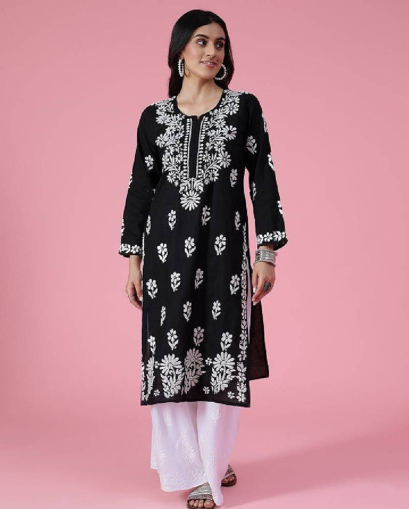 Women black cotton chikankari embroidered kurta