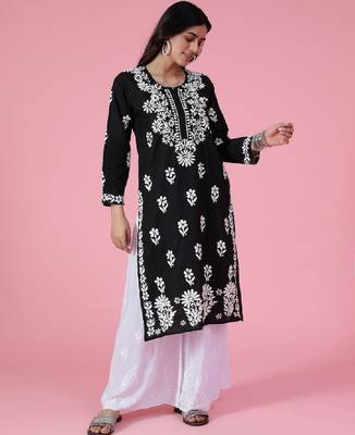 Women black cotton chikankari embroidered kurta 3