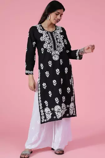 Women black cotton chikankari embroidered kurta