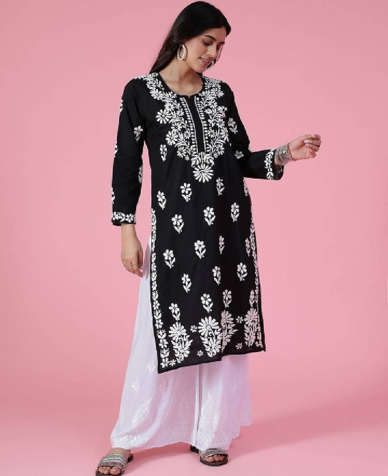 Women black cotton chikankari embroidered kurta