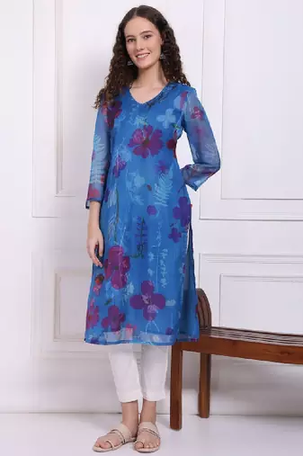 Women floral printed v-neck organza straight kurta with lace