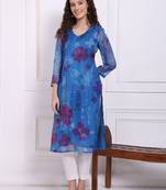 Women floral printed v-neck organza straight kurta with lace