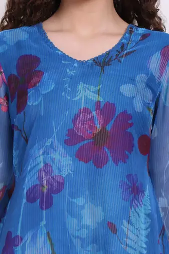 Women floral printed v-neck organza straight kurta with lace