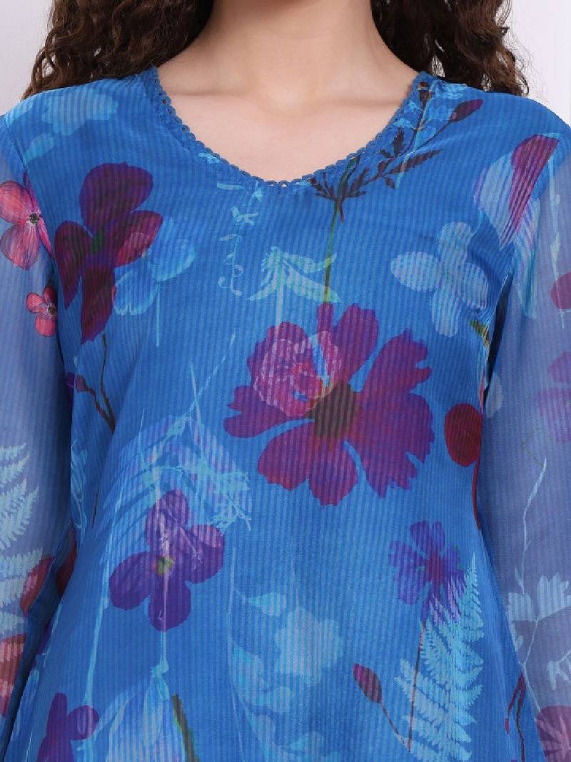 Women floral printed v-neck organza straight kurta with lace