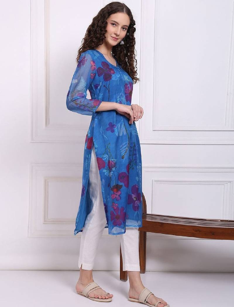 Women floral printed v-neck organza straight kurta with lace