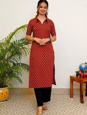 Floral printed shirt collar straight cotton kurta 1