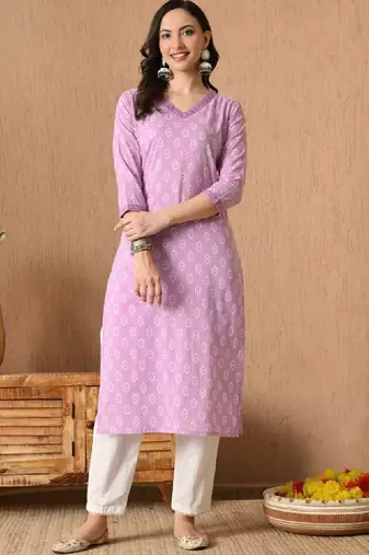 Floral printed v-neck straight kurta