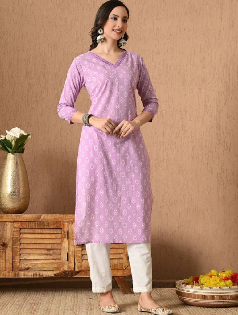 Floral printed v-neck straight kurta