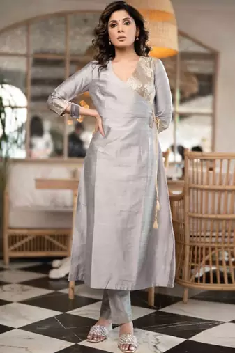 Women grey ethnic motifs printed daily a-line cotton kurta