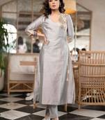 Women grey ethnic motifs printed daily a-line cotton kurta