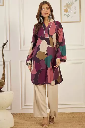 Women printed straight chanderi silk kurta