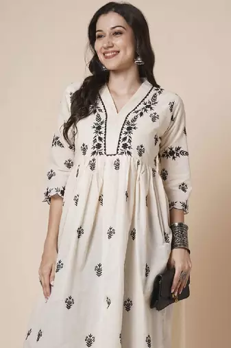 Women cotton flared lucknowi chikankari ethinic wear kurta