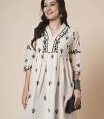Women cotton flared lucknowi chikankari ethinic wear kurta