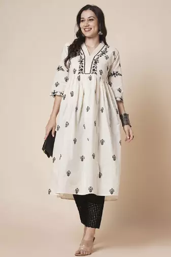 Women cotton flared lucknowi chikankari ethinic wear kurta