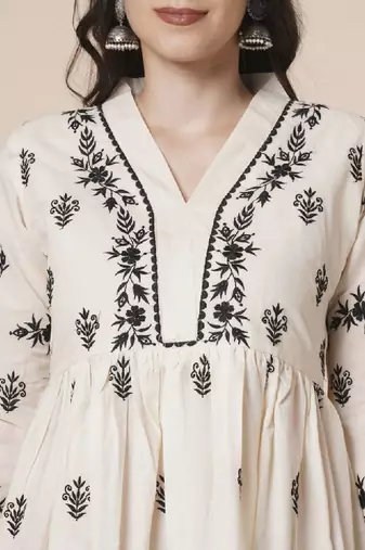 Women cotton flared lucknowi chikankari ethinic wear kurta