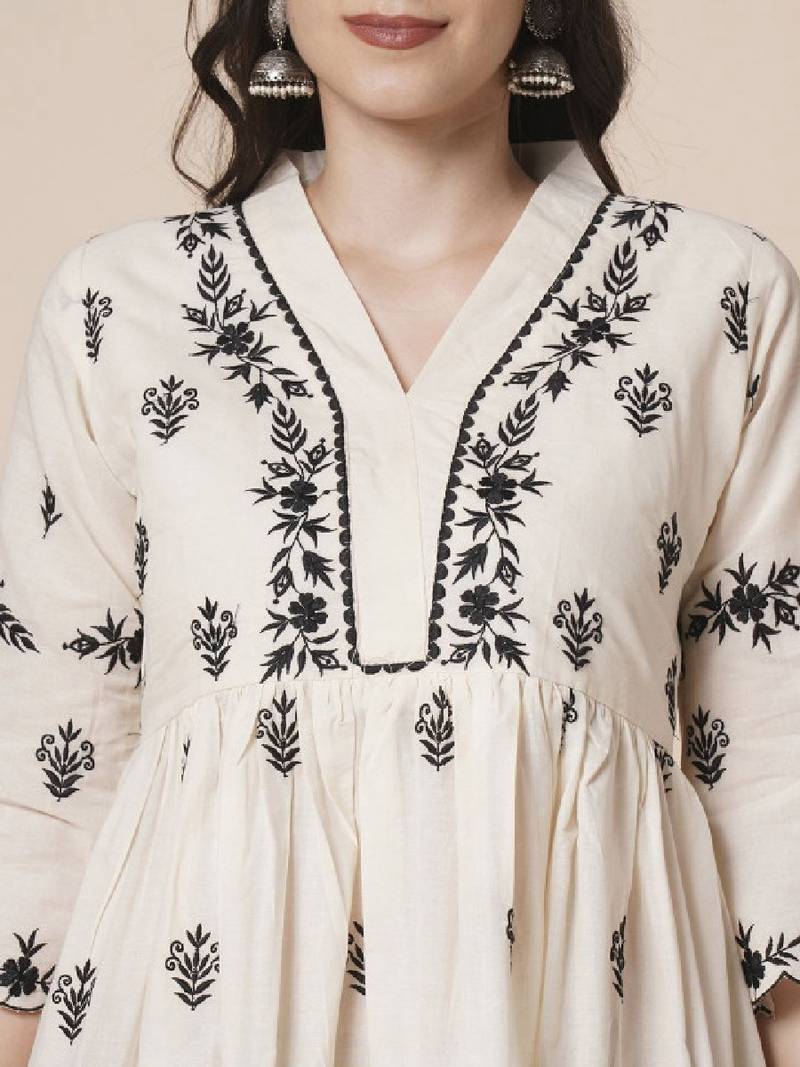 Women cotton flared lucknowi chikankari ethinic wear kurta