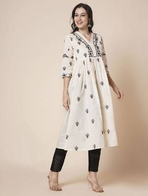Women cotton flared lucknowi chikankari ethinic wear kurta 4