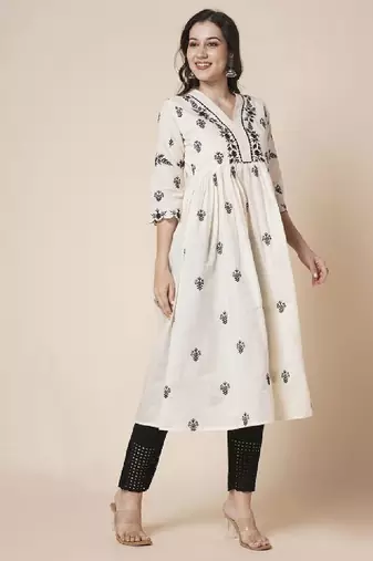 Women cotton flared lucknowi chikankari ethinic wear kurta
