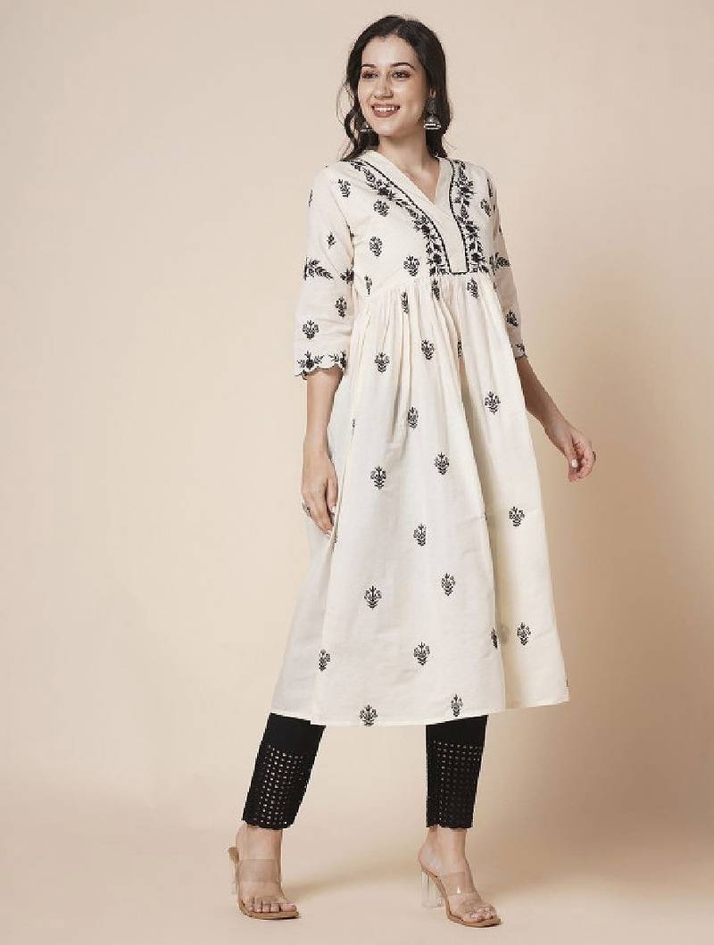 Women cotton flared lucknowi chikankari ethinic wear kurta