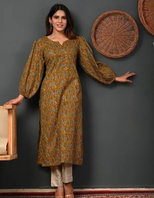 Ethnic motifs printed round neck puff sleeves pure cotton kurta 1