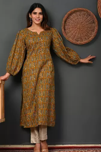 Ethnic motifs printed round neck puff sleeves pure cotton kurta