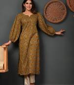 Ethnic motifs printed round neck puff sleeves pure cotton kurta