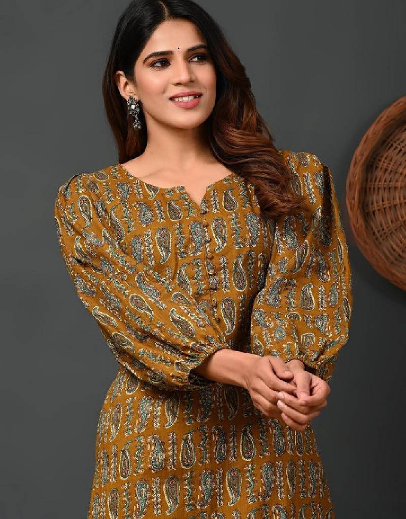 Ethnic motifs printed round neck puff sleeves pure cotton kurta
