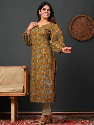 Ethnic motifs printed round neck puff sleeves pure cotton kurta 3
