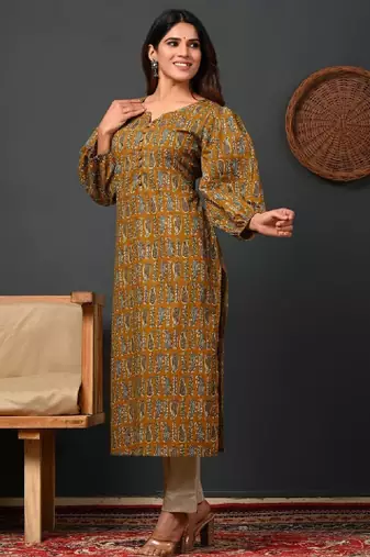 Ethnic motifs printed round neck puff sleeves pure cotton kurta