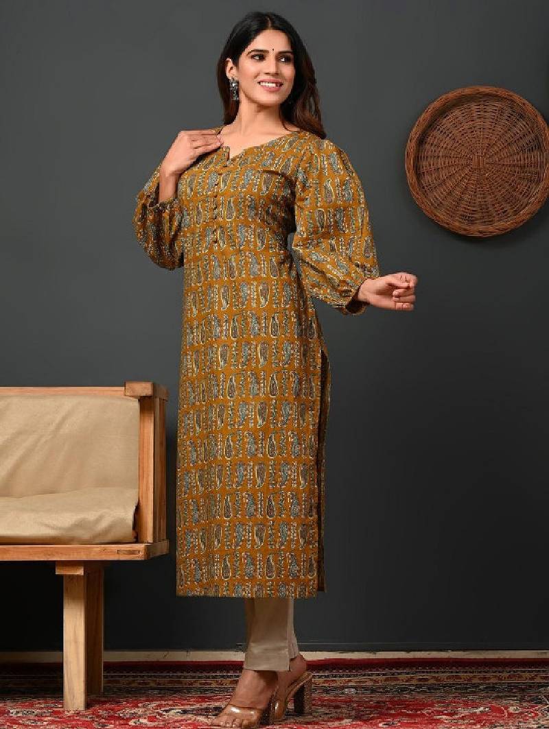 Ethnic motifs printed round neck puff sleeves pure cotton kurta