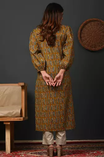 Ethnic motifs printed round neck puff sleeves pure cotton kurta