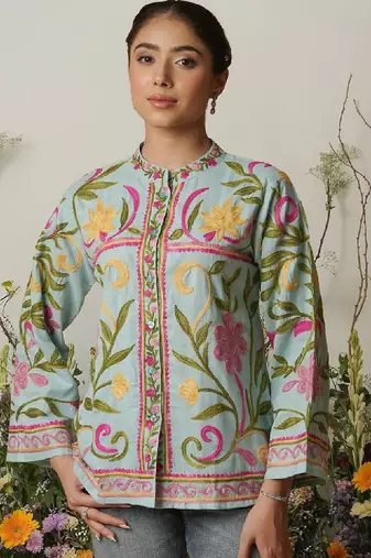 Aari work kashmiri floral cotton straight calf length kurta