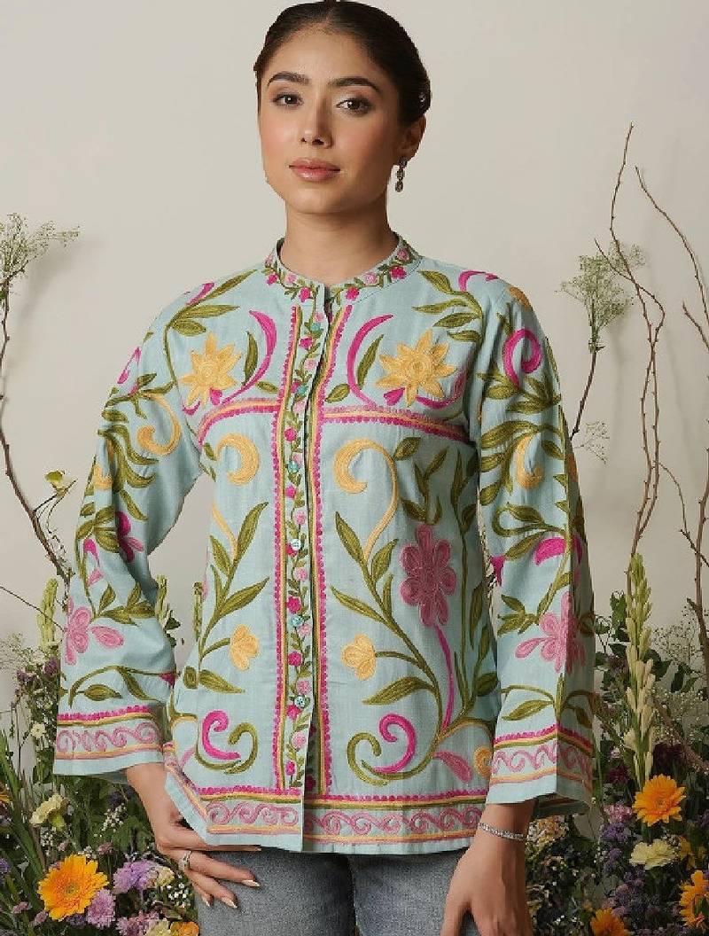 Aari work kashmiri floral cotton straight calf length kurta
