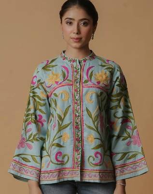 Aari work kashmiri floral cotton straight calf length kurta 2