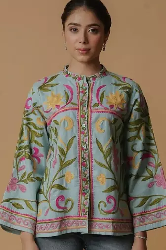Aari work kashmiri floral cotton straight calf length kurta