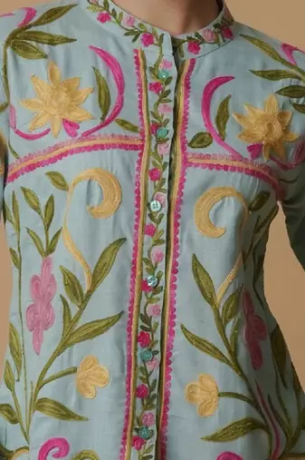 Aari work kashmiri floral cotton straight calf length kurta