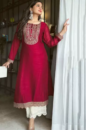 Women floral embroidered thread work raw silk kurta