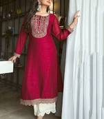 Women floral embroidered thread work raw silk kurta