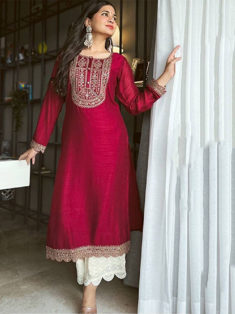 Women floral embroidered thread work raw silk kurta